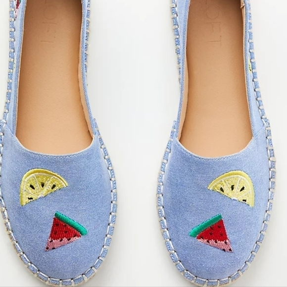 NEW! LOFT Chambray Embroidered Fruit Design Espadrille Slip On Flat Loafers 9.5. - Picture 2 of 8